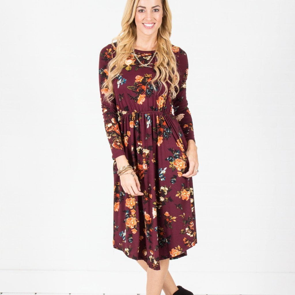 burgundy midi dress long sleeve