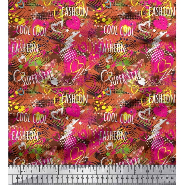 Soimoi Orange Poly Georgette Fabric Heart,Star & Fashion Text Decor Fabric Printed Yard 52 Inch Wide