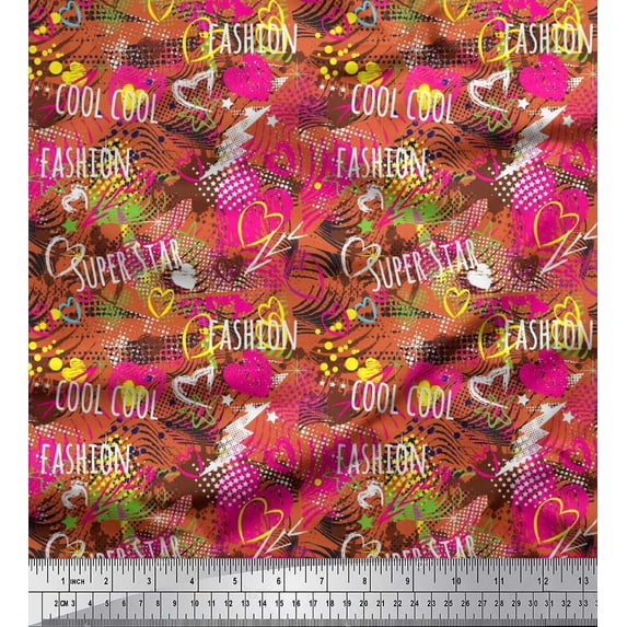 Soimoi Orange Rayon Crepe Fabric Heart,Star & Fashion Text Printed Craft Fabric by the Yard 46 Inch Wide