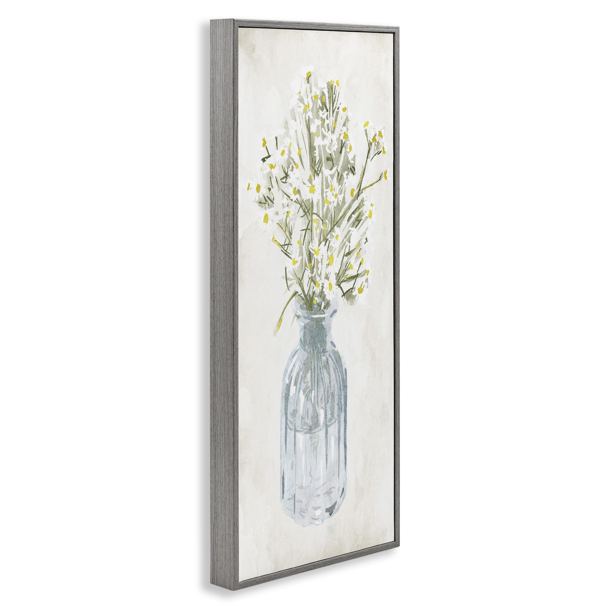 Stupell Industries Quaint White Daisies in Jar Botanical & Floral Painting Gray Framed Art Print Wall Art, 13 x 30