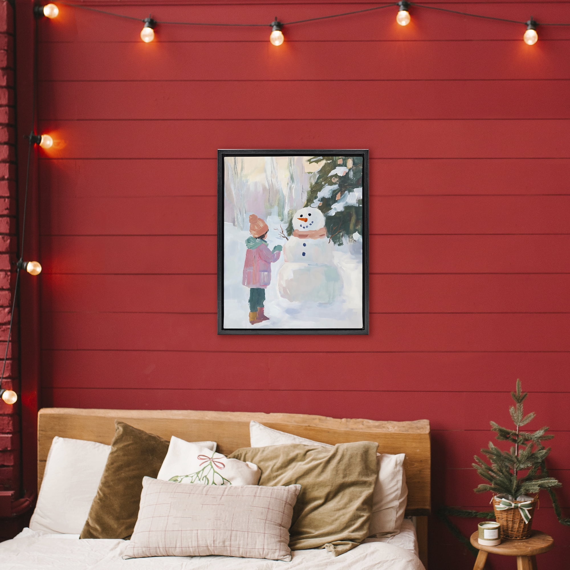 Stupell Industries Girl & Snowman in Winter Black Framed Floater Canvas Wall Art, design by The Prints Vibe