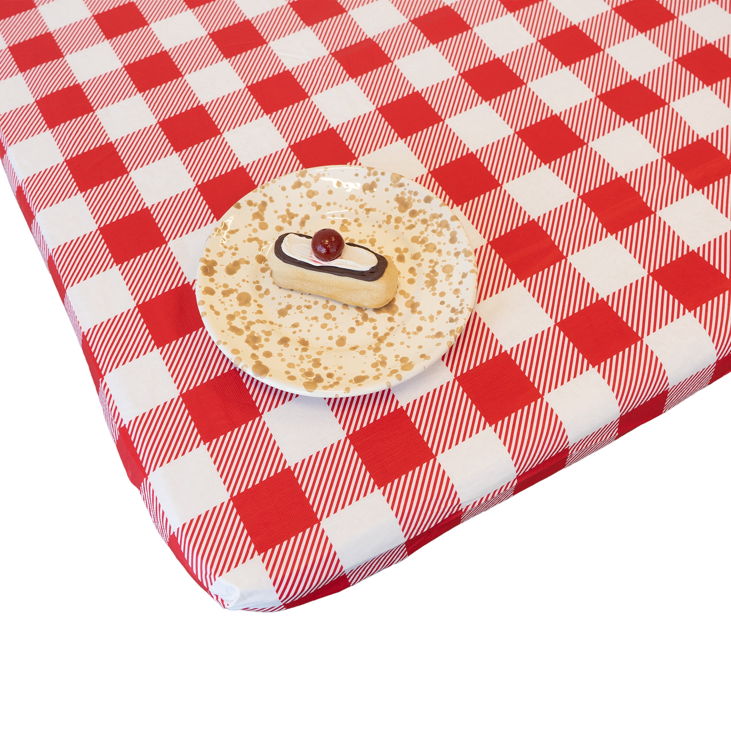 Waverly Inspirations Rectangular Elastic Fitted Table Cover Waterproof Vinyl Tablecloth With Flannel Backing, 6Ft Table, 72" x 30", Gingham Red, 2 PK