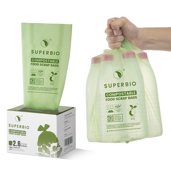 Bolsas compostables para residuos de alimentos SUPERBIO, 9,84 L, 100 unidades, 1 paquete