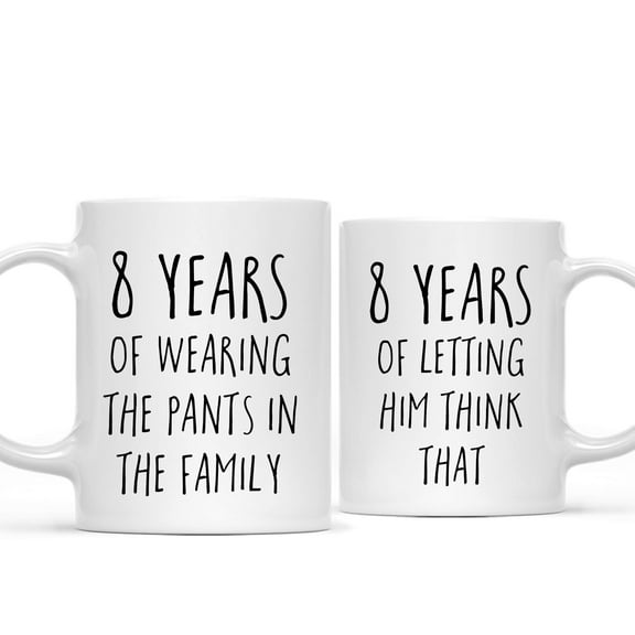 Koyal Wholesale 8th Wedding Anniversary Coffee Mug, 8 Years of Wearing the Pants in the Family, Letting Him Think, 2-Pk