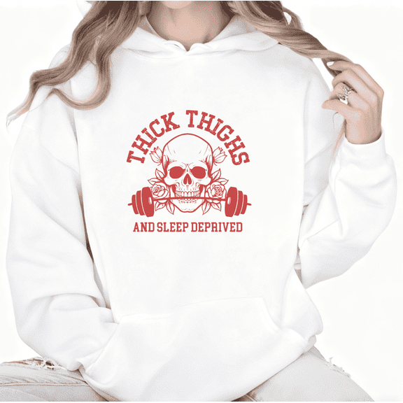 Funny Fitness Skull Print Hoodie Graphic Sweatshirt White S-2XL Gym Humor Tops