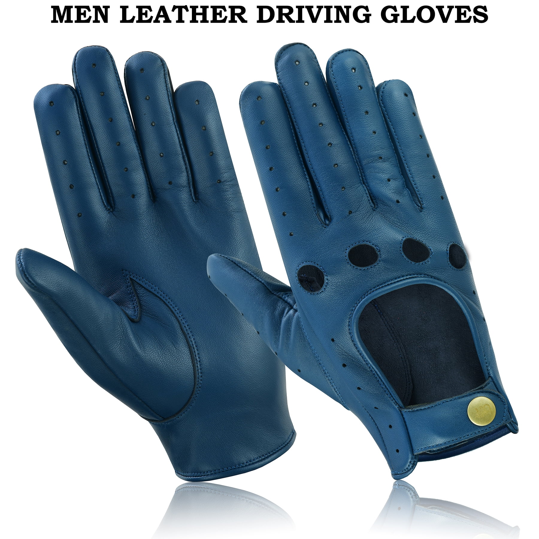 Men Leather Gloves Leather Driving Gloves Chauffeur 100% Genuine Lambskin Leather Full Finger Car Driving Motorcycle Bikers Riding Gloves Navy Blue-M