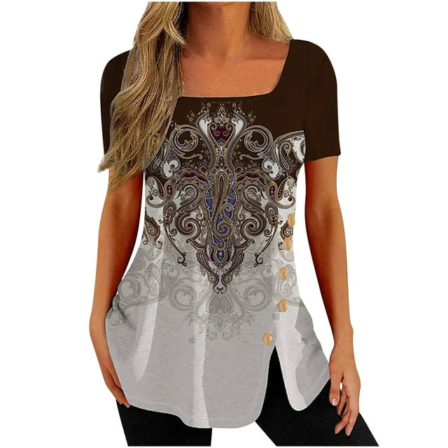 DPTALR Woman Causal Printing Blouse Short Sleeve T-Shirt Summer Button Tops