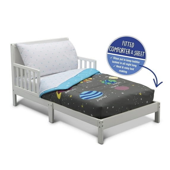 Delta Children Toddler Bedding Set | Boys 4 Piece Collection | Fitted Sheet, Flat Top Sheet w/Elastic Bottom, Fitted Comforter w/Elastic Bottom, Pillowcase, Galaxy Outer Space| Grey/Multi