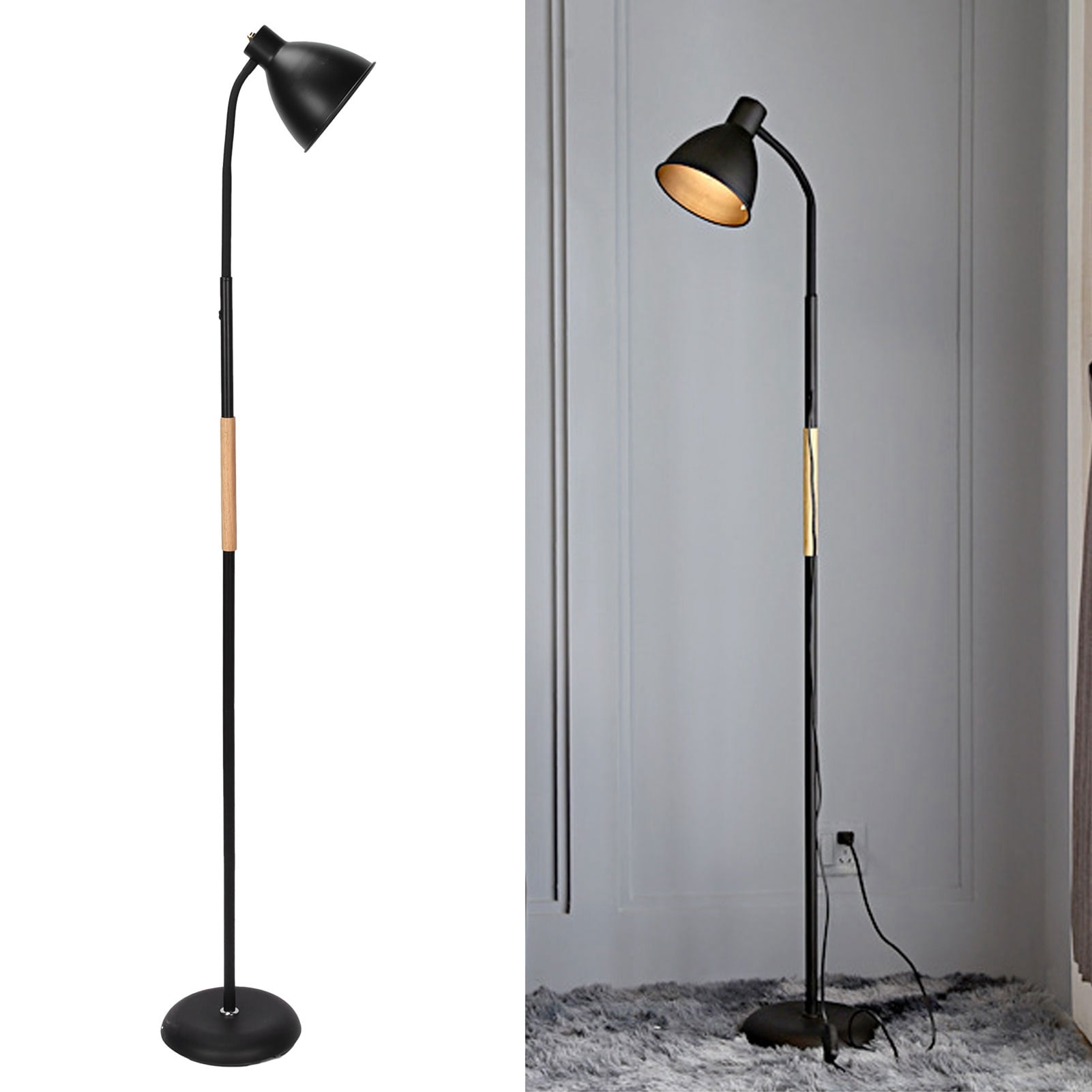 M Buder Simple Floor Lamp Tricolor LED Standing Lamp Living Room Bedroom Bedside Home Lighting Iron Wood Construction Decorative Reading Light Fixture Includes E27 Bulb EU Plug