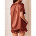 thumbnail image 5 of DAKIMOE Silk Satin Pajamas for Women Short Sleeve Sleepwear Two Piece Pj Sets with Ruffled Shorts Casual Loungewear, Brown, XL, 5 of 10