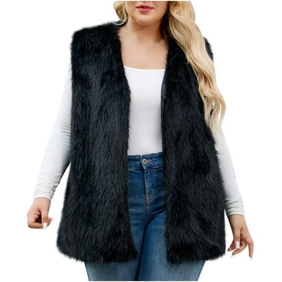 Uaswgudfs Women's Black Faux Fur Vest, Plus Size Winter Sleeveless Warm Outerwear, Casual Fashion Layering Jacket - Trendy Style Black 2XL