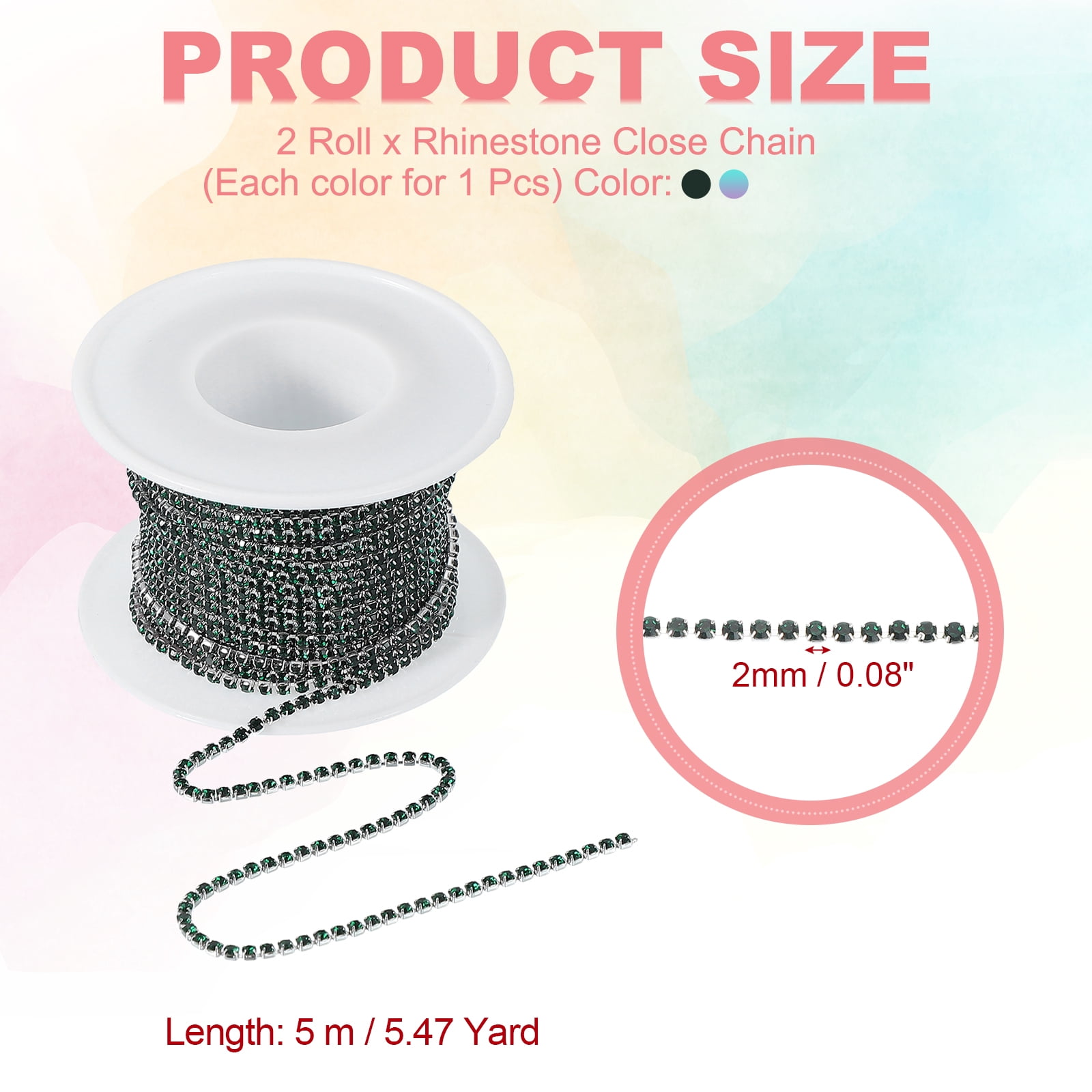 Uxcell Crystal Rhinestone Close Chain Trim, Crystal Claw Cup Chain Trim String for Sewing Craft Green/Colorful