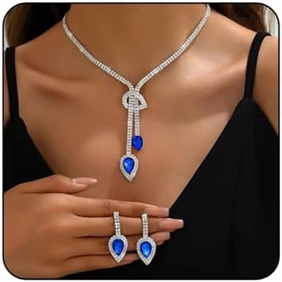 Sparkling Bridal Wedding Jewelry for Women Set Crystal Y-Necklace Tassel Necklace Rhinestone Teardrop Dangle Drop Earrings Brides Bridesmaids Weddings Party Prom Jewelry