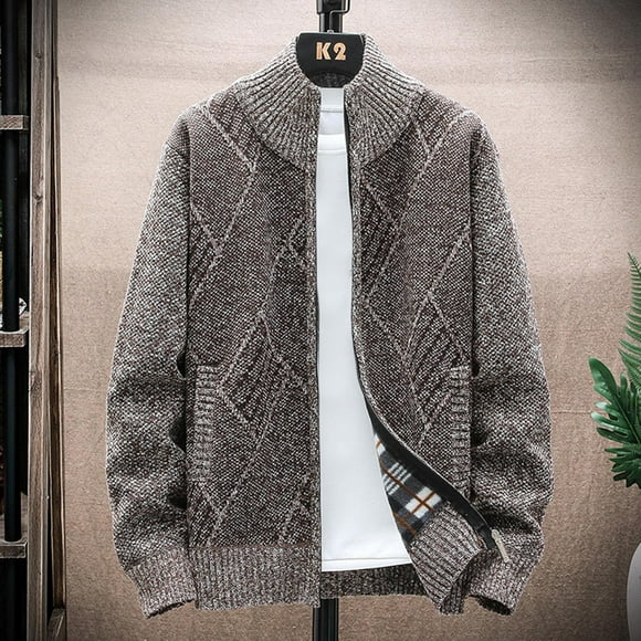 jsaierl Mens Cardigan Sweater Knit Mock Neck Zip Up Woolen Top Plaid Long Sleeve Cozy Fall and Winter Sweater Jacket