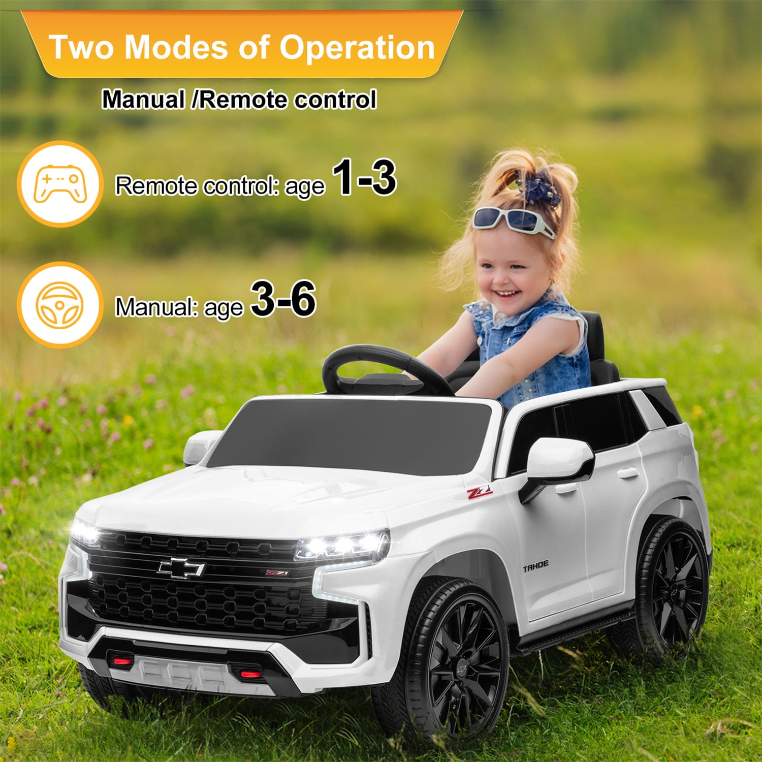 CIPACHO Licensed Chevrolet 12V Ride On, Electric Kids Car Toys with 2.4G Remote Control Dual Drive SUV, White