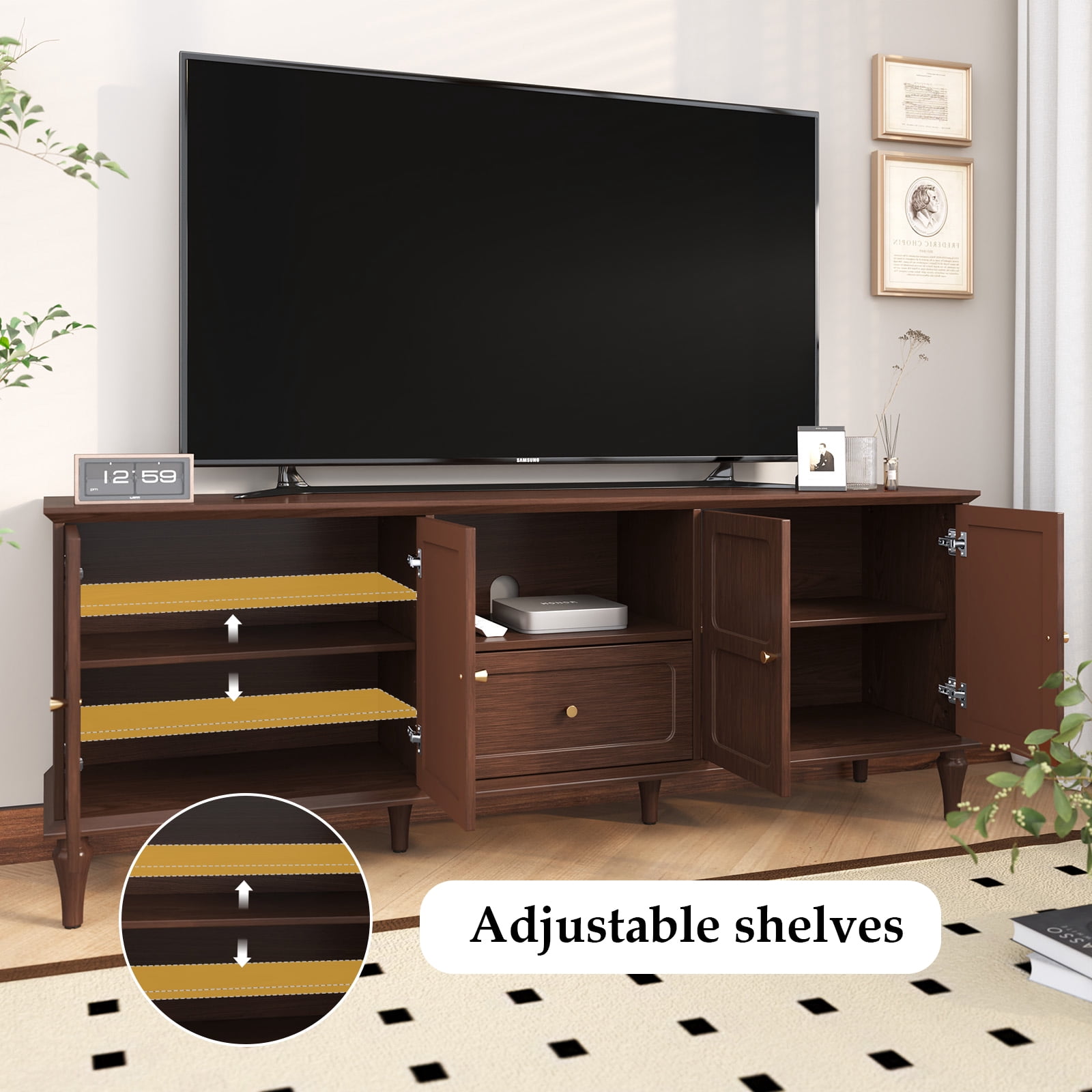 HLR Mid Century 67" TV Stand, for TVs up to 75", Living Room Entertainment Center with 4 Door Storage Cabinet, Brown