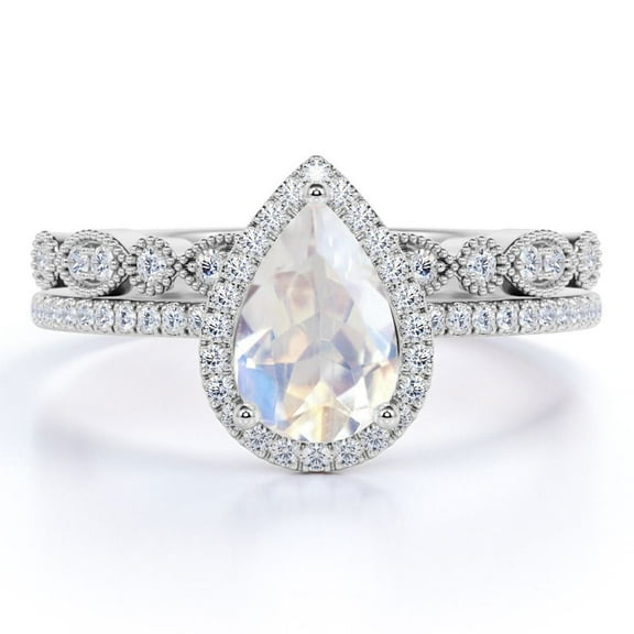 JeenMata 1.5 carat Teardrop Rainbow Moonstone and Moissanite Vintage Bridal Ring Set in 18k White Gold over Silver