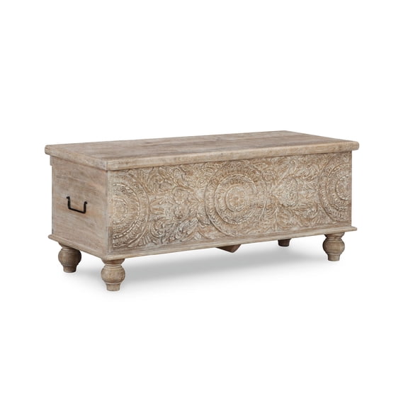 Signature Design by Ashley Fossil Ridge Hinged Top Storage Bench, Antique White Solid Wood with Black Metal Handles