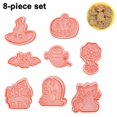 thumbnail image 1 of Cortadores de galletas de Halloween, 8 estilos de formas de galletas prensables de dibujos animados en 3D: calabaza, murciélago, fantasma, araña, sombrero de bruja, lápida de gato,, 1 of 5