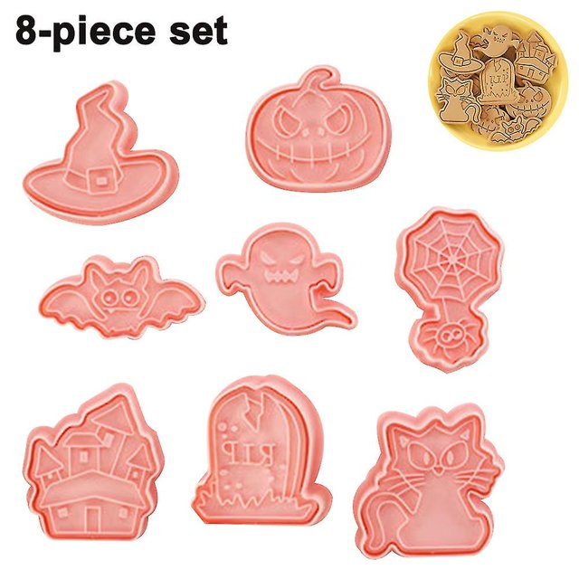 Cortadores de galletas de Halloween, 8 estilos de formas de galletas prensables de dibujos animados en 3D: calabaza, murciélago, fantasma, araña, sombrero de bruja, lápida de gato,