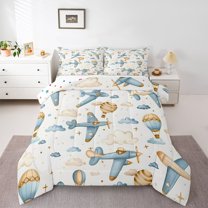 Homewish Retro Cartoon Airplane Full Size Comforter Sets,Hot Air Balloon Bedding Comforter Set,White Blue Brown Bedding Sets For Boys Kids,Super Cozy Room Decor Reversible,3-Piece
