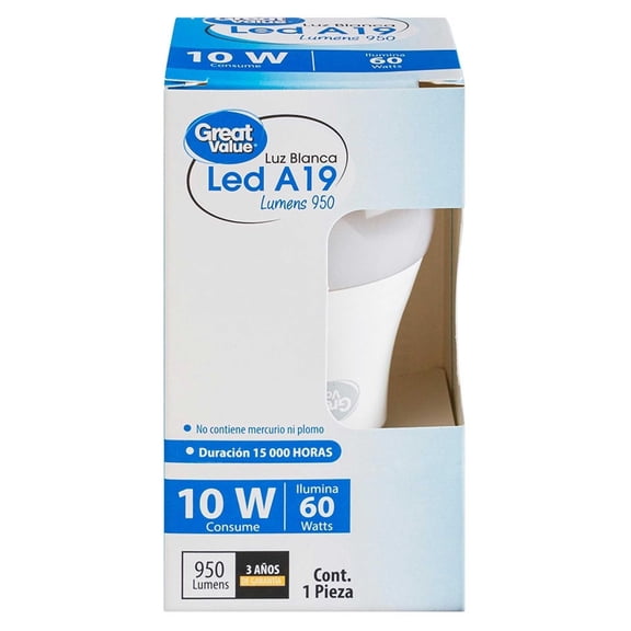 Foco LED Tipo A19 Great Value Luz Blanca 10 W