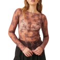 thumbnail image 2 of Lace Mesh Sheer Long Sleeve Tops for Women Layering Floral Embroidery See Through Tee Fitted Tight T Shirts Blouses Brown L, 2 of 9