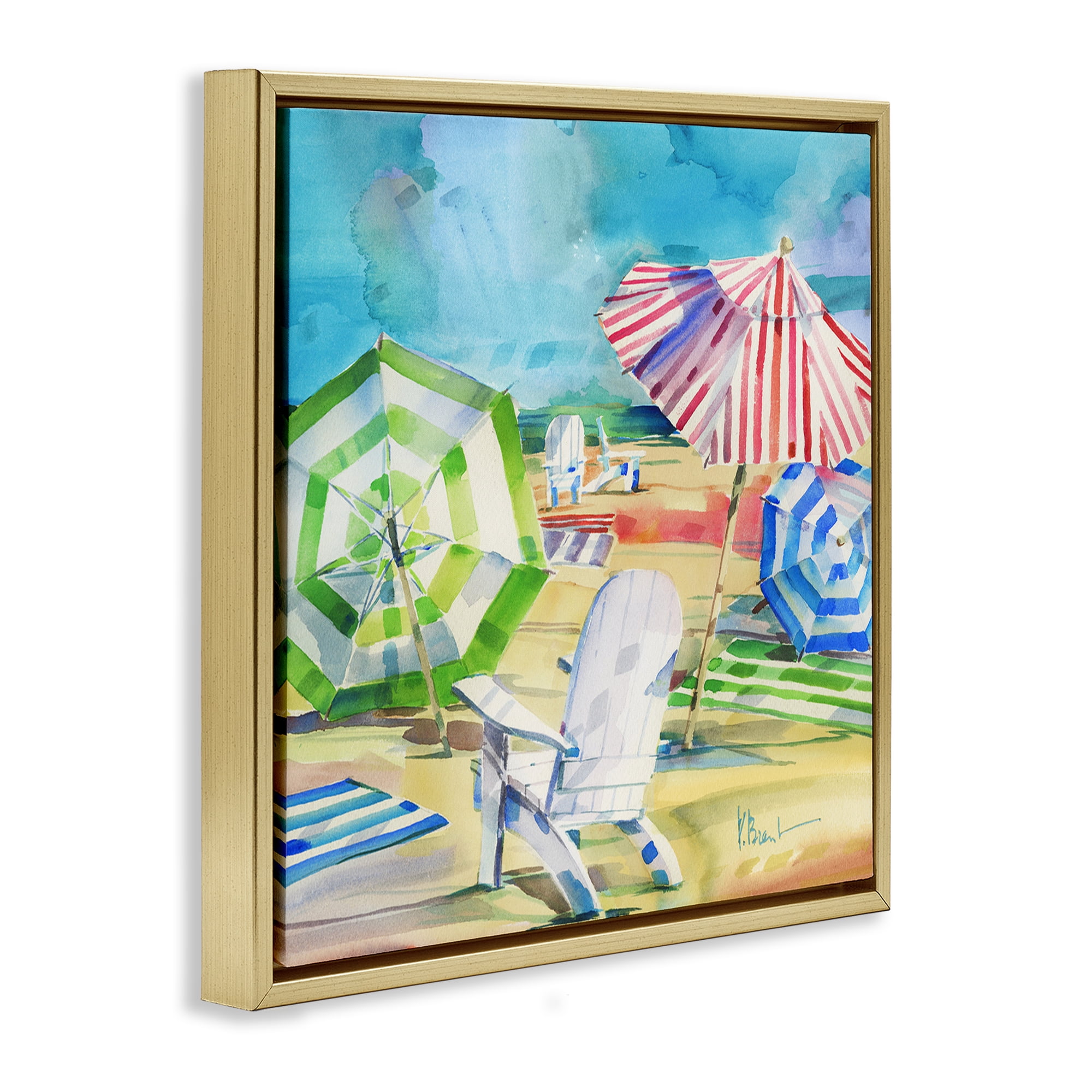 Stupell Industries Ventura Beach Umbrellas Gold Framed Floater Canvas Wall Art, design by Paul Brent
