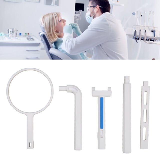 posicionador de sensor de rayos x profesional de compatibilidad del sistema de posicionamiento dental para hospital oral, kit transparente de ABS mostrado en vista frontal con aro de orientación y cuatro accesorios de soporte para sujetar sensores digitales en radiografía dental, diseñado para reducir la desproporción y la exposición inexacta durante la toma, uso en clínicas y hospitales dentales; también adecuado para montaje de sensores en formación dental.