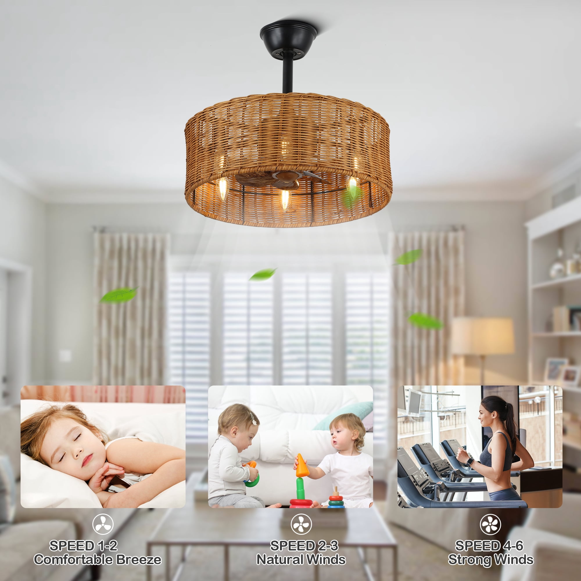 18" Bohemia Rattan Ceiling Fan with Light and Remote Control 6-speed Reversible DC Motor Farmhouse Chandelier for Bedroom
