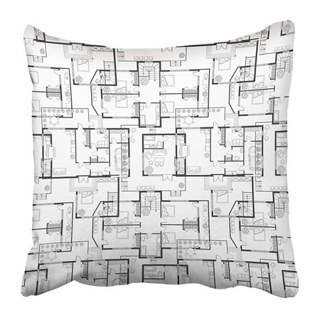 ECCOT White of Architectural Plans House The with Furniture in Pattern Bacground Building Pillowcase Pillow Cover 16x16