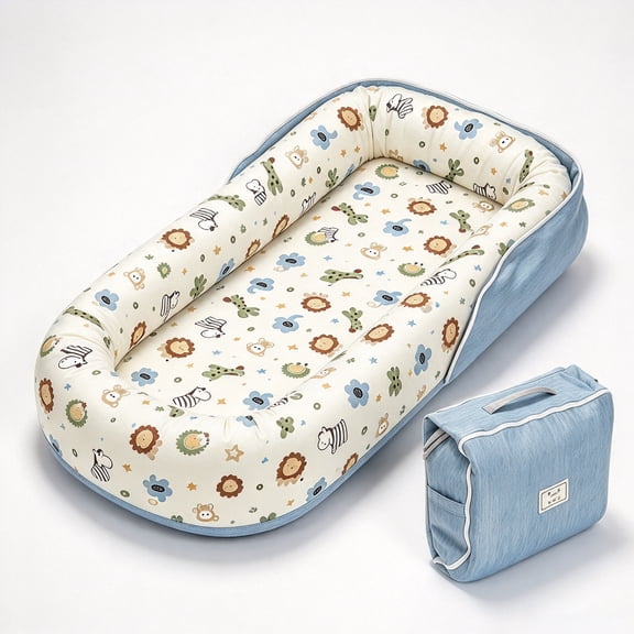 Loevin Baby Lounger for Newborn,Baby Nest for Newborn Soft Cotton Breathable for Playtime & Relaxation,Flat Babies Essentials Gifts Newborn Lounger for Boys & Girls 0-12 Months( Blue)