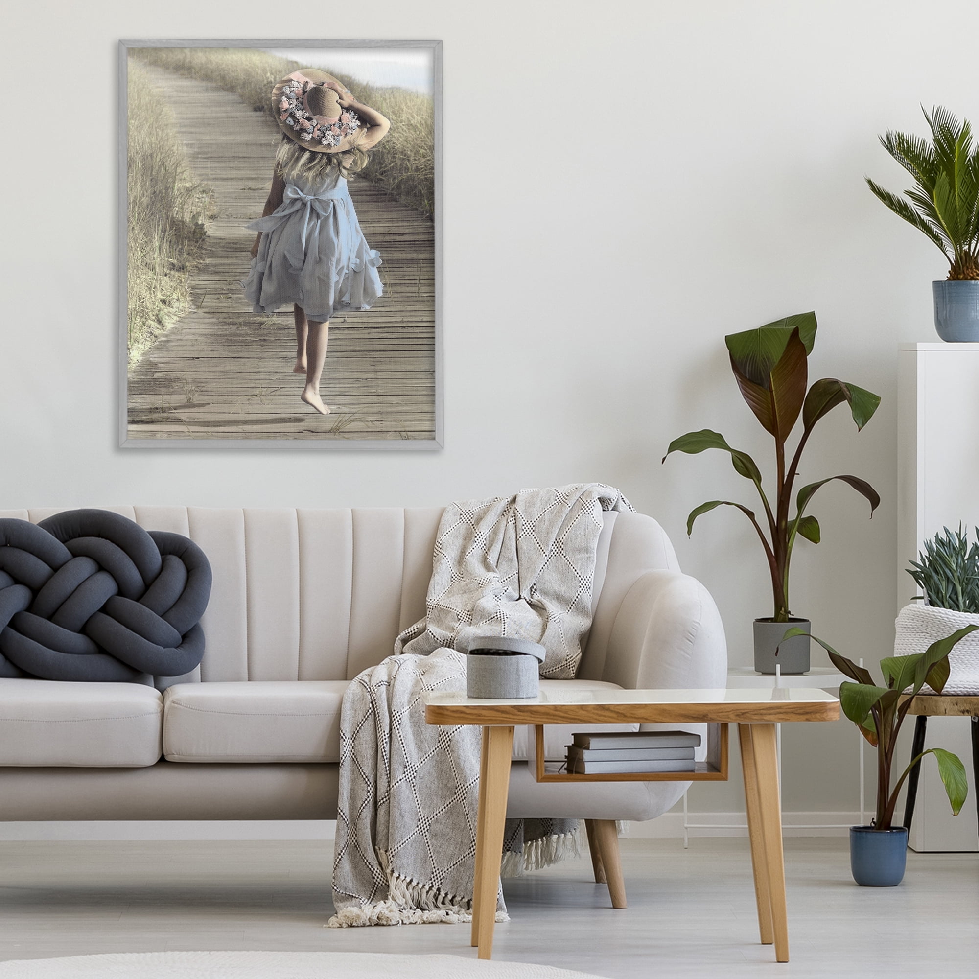 Stupell Industries Girl With Sun Hat Walking Gray Framed Giclee Art, design by Kendra Dew