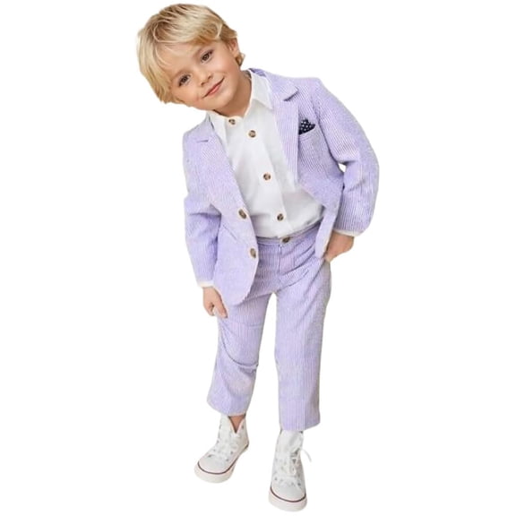 ETHAN 2 PCS Boys Striped Suit Boys Seersucker Suit Beach Wedding Tuxedos for Kids Boys Summer Suit Blazer and Shorts Lavender 2T