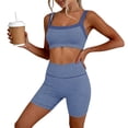 thumbnail image 4 of BODOAO Women's Workout Set 2 Piece Square Neck Striped Crop Tank Top High Waisted Biker Shorts Athletic Yoga Gym Fitness Outfit Stretchy Activewear Summer Training Clothes Dark Blue S, 4 of 5