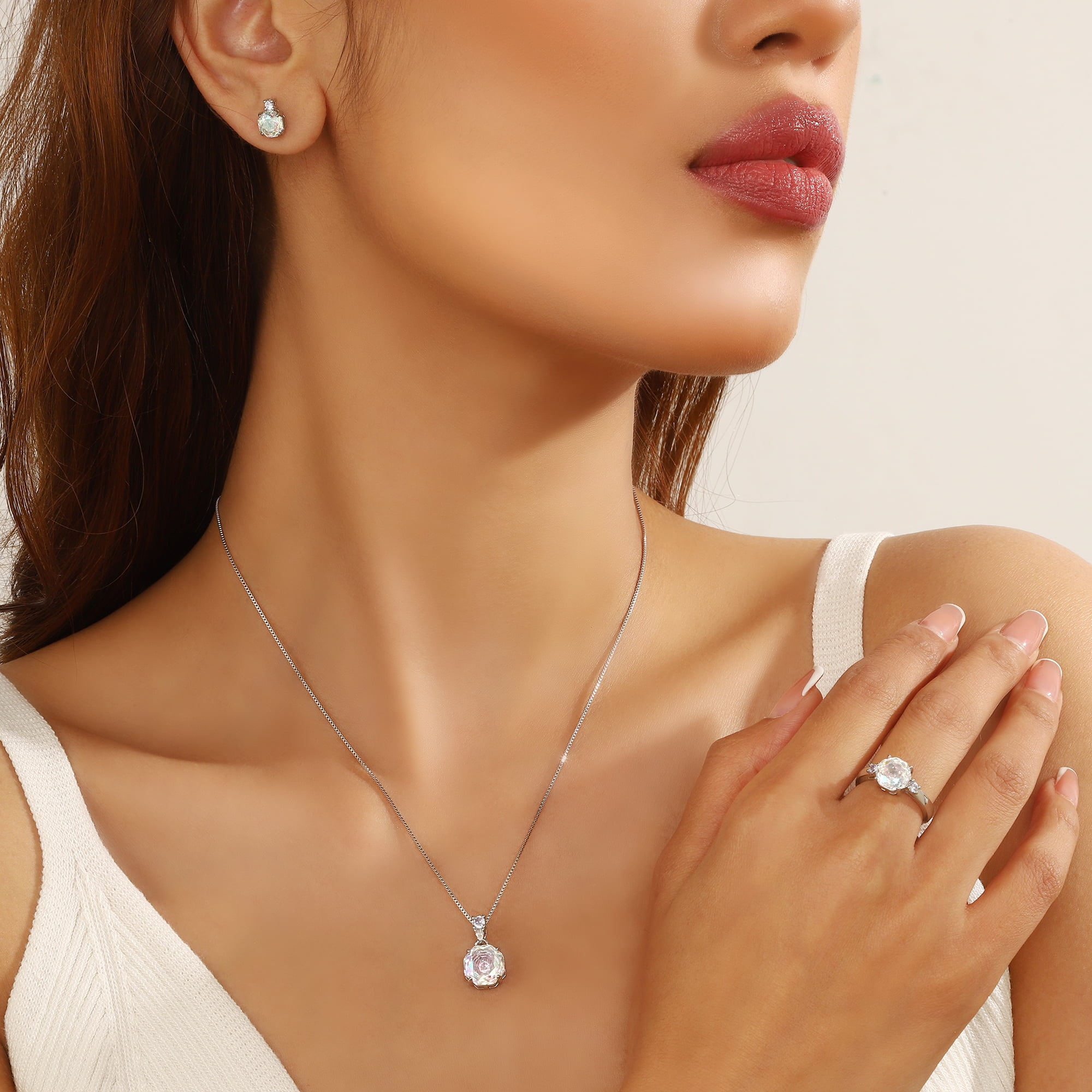Ydou Rose Jewelry Set - 18K White Gold Plated Rose Cut Cubic Zirconia Flower Necklace/Earrings/Ring Set Anniversary Birthday Jewelry Gift for Women