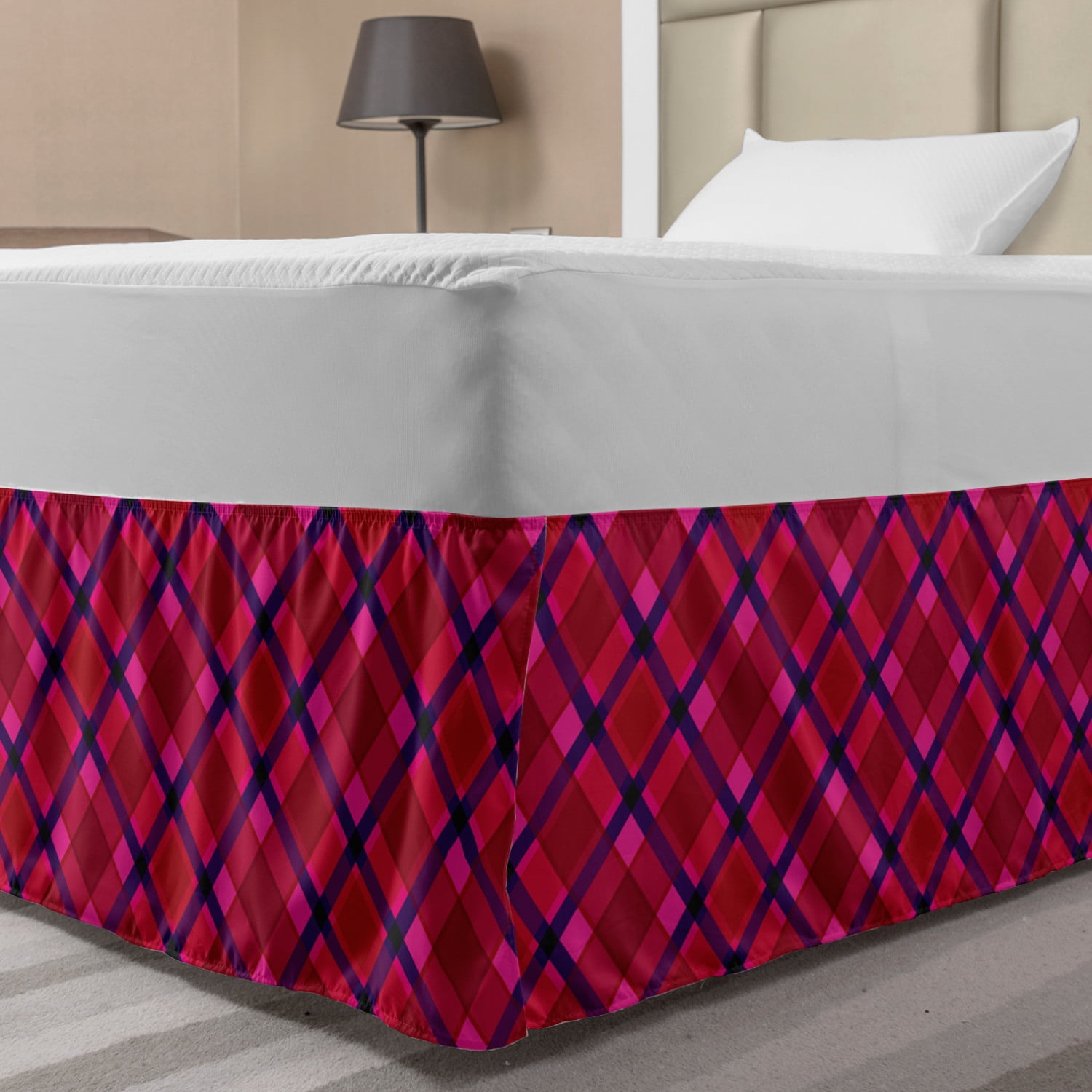 Plaid Bed Skirt, Diagonal Checkered Geometric Retro Motif Abstract