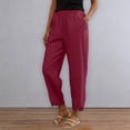 thumbnail image 5 of Women's Stacked V Hem Trousers, High Waist Casual Slub Cotton Pants with Elastic Waistband, Relaxed Fit Long Pants for Daily Wear, Vacation and Loungewear Wine L, 5 of 9