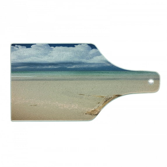 Driftwood Cutting Board, Sea Theme Driftwood on the Sandy Beach and Cloudy Sky Digital Style Print, Tempered Glass Cutting and Serving Board, Wine Bottle Shape, Sand Brown Blue, by Ambesonne