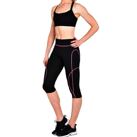 Zipper Leggings Pants - Workout Capri Leggings With Zipper Key Pocket (Black with Colored Stitching)