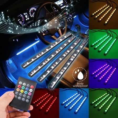 - 4Pcs 12V RGB 9LED Strip Light Music Control Car Atmosphere Light Charge Remote Color Changing Interior Floor Lamp Strip Wireless IR Control With Remote Control Cigarette Light