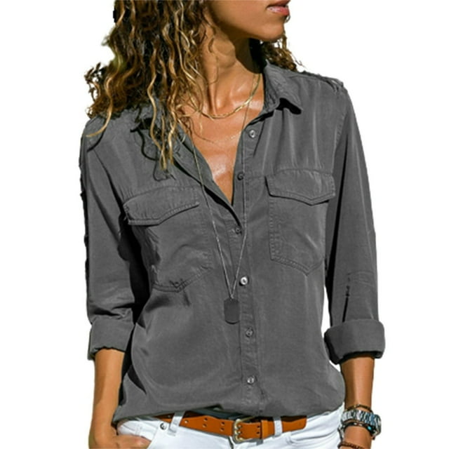 Women Button Blouse Long Sleeve Pure Color Loose Shirt with Collar All-match Tops
