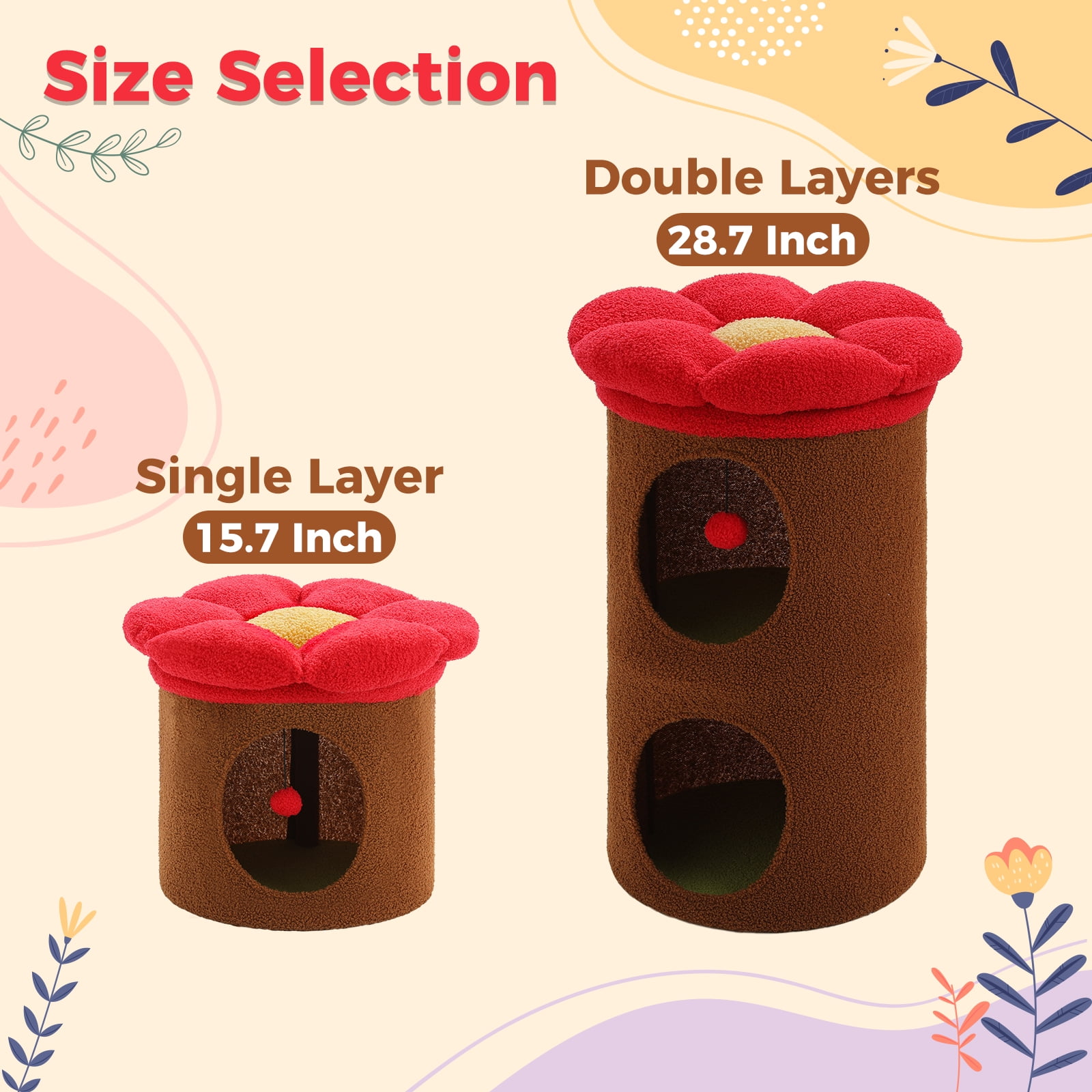 Pefilos 28" 2-Level Cat House Condo with Tree, 2 Cave Bed & Removable Flower Cat Cushion, Brown