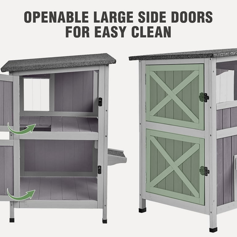 Outdoor Cat House Weatherproof, 2-Storys Feral Cat House with 2 Escape Doors and Window, Stray Cat Shelter with 2 Large Side Doors and Removable Floor