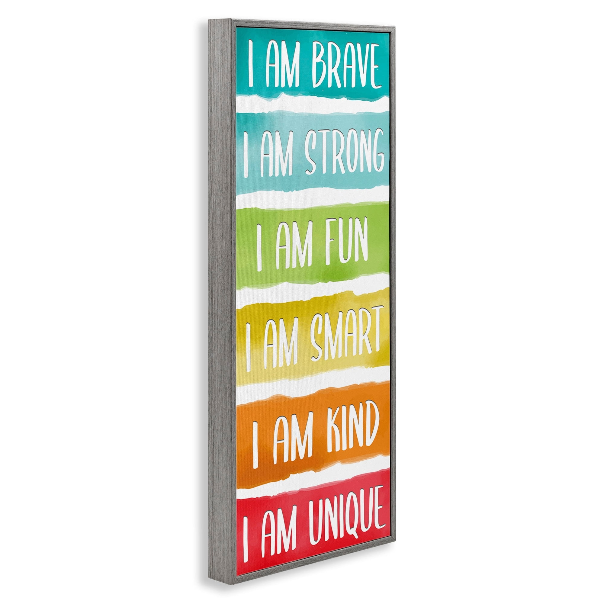 Stupell Industries I'm Brave Strong Fun Inspirational Phrases Rainbow Stripes Inspirational Painting Gray Framed Art Print Wall Art, 13 x 30