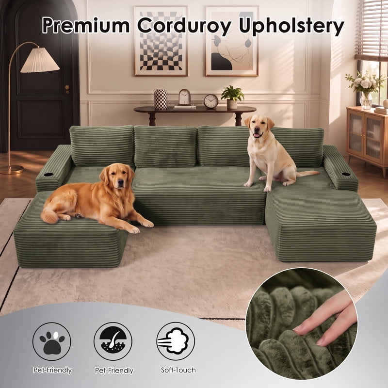 Anpport 133" Boneless Cloud Modular Sectional Couch, Corduroy Sofa with Cup Holders, Side Pockets, Deep Seat, No Assembly Required for Living Room, Green (U‑Shaped)