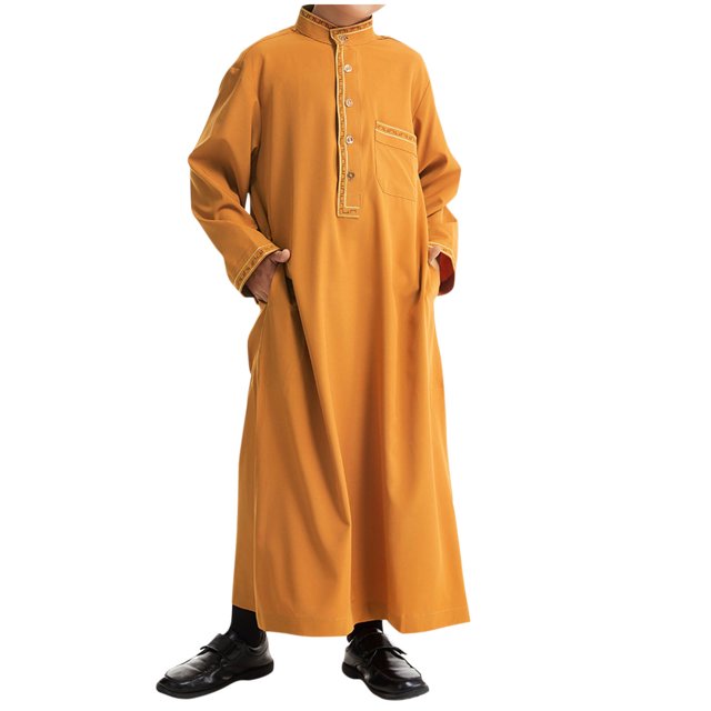 Fall Saving! HVOBTTY Toddlers Long Sleeve Pullover Jacket, Boy's Solid Muslim Robe Arab Middle Robe Long Style Long Sleeve Round Neck Pocket Button Pullover Casual Robe Camel, S