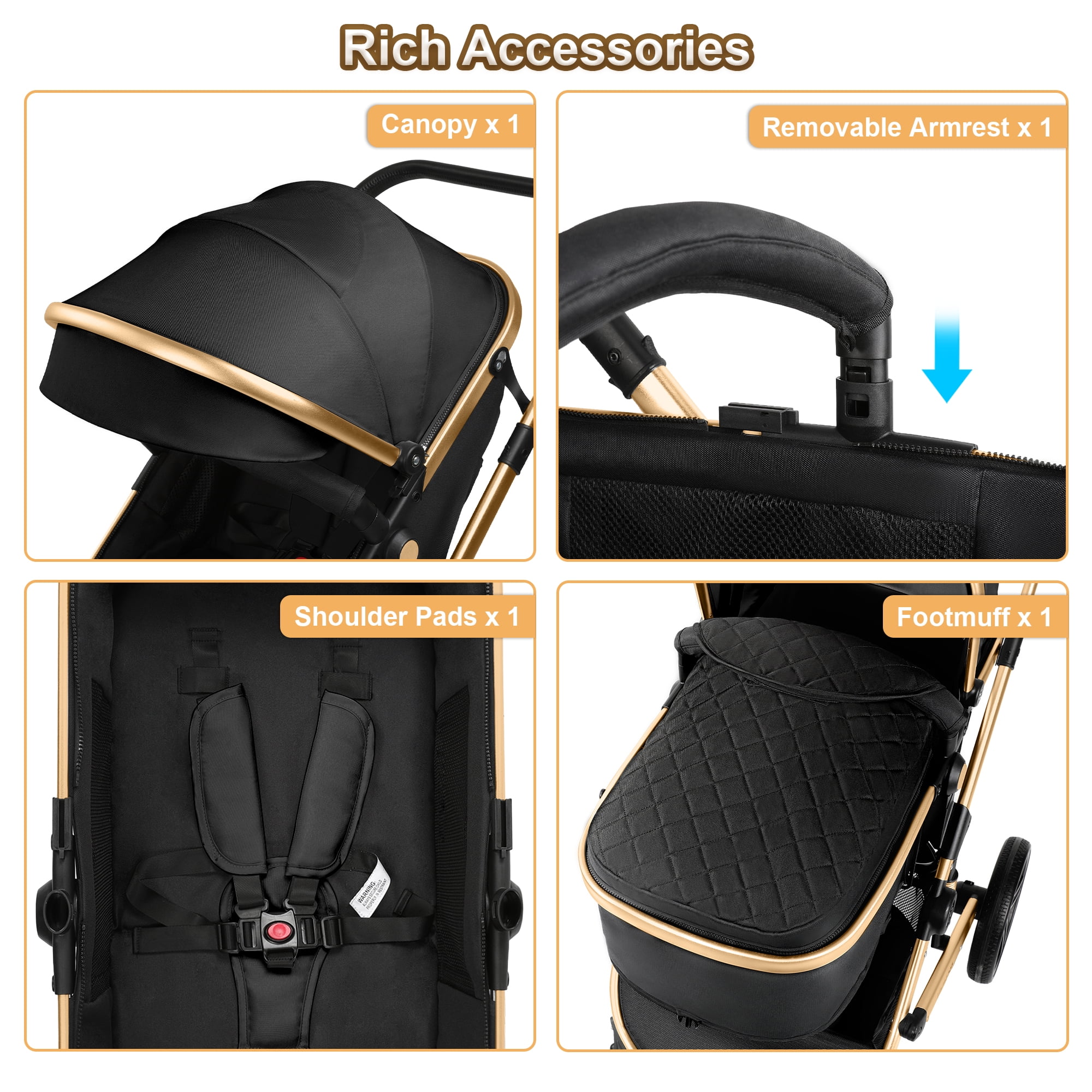 Vomeast Baby Stroller, Foldable Aluminum Alloy Stroller with Reversible, Travel Stroller for Newborn Infant, Black