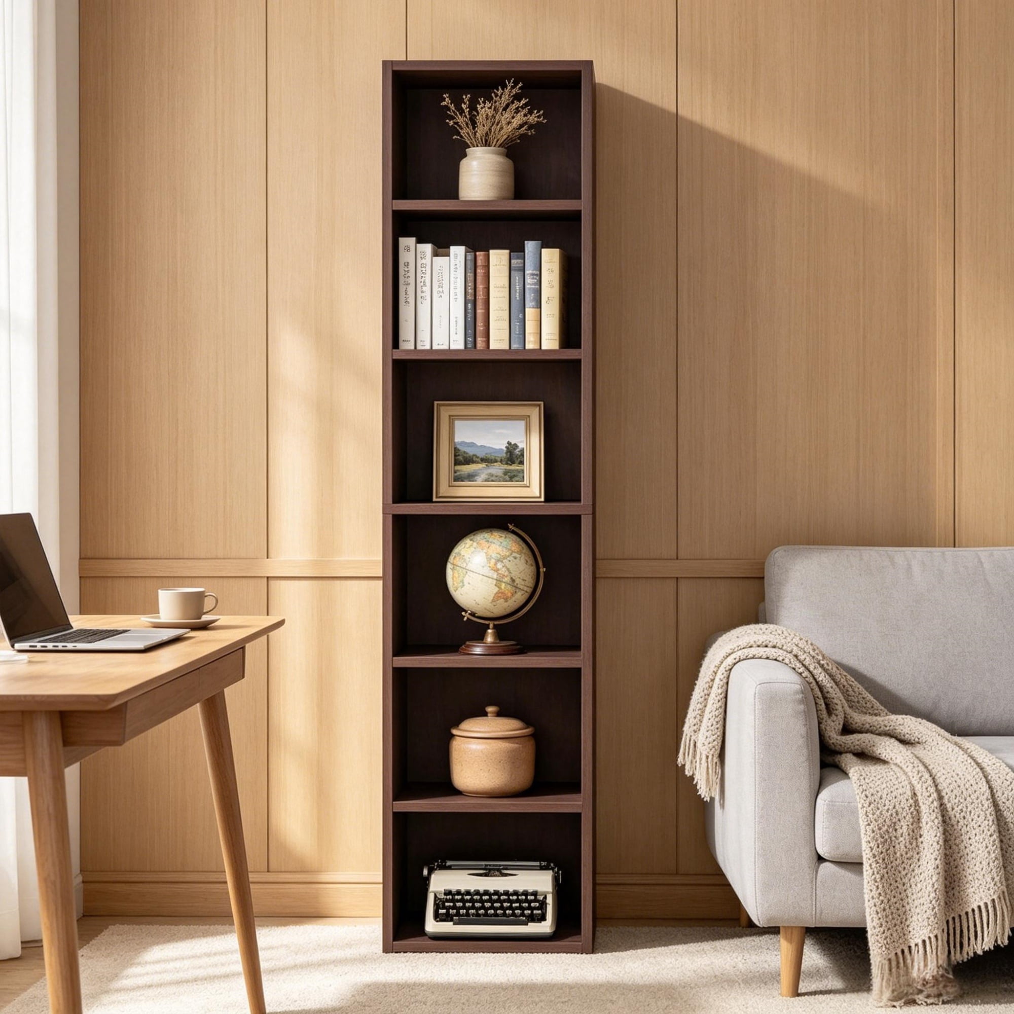 Tall Slim 6-Tier Corner Bookshelf, Narrow Cube Storage Shelf Made of MDF with Anti-Tip Kits, Display Rack for Living Room Bedroom Bathroom Small Corners