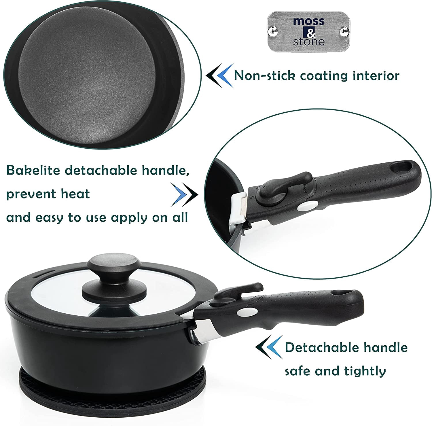 Moss & Stone 10pcs Black Pots and Pans Set Non Stick, Cookware Sets Detachable Handle, RV Kitchen Set Removable Handle, Oven Safe, Induction Ready, Stackable Non-stick Set, Camping Cookware Set